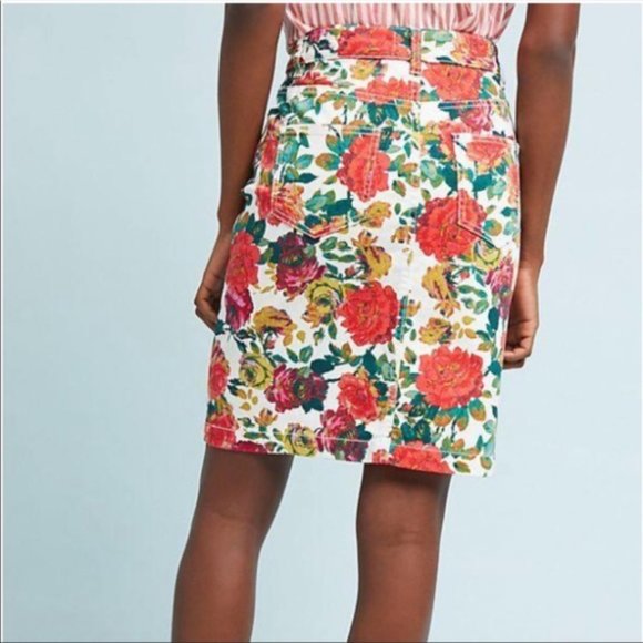 Anthropologie Maeve Floral Denim Skirt Size 4 Multicolor Garden Pencil Cotton - Picture 4 of 13